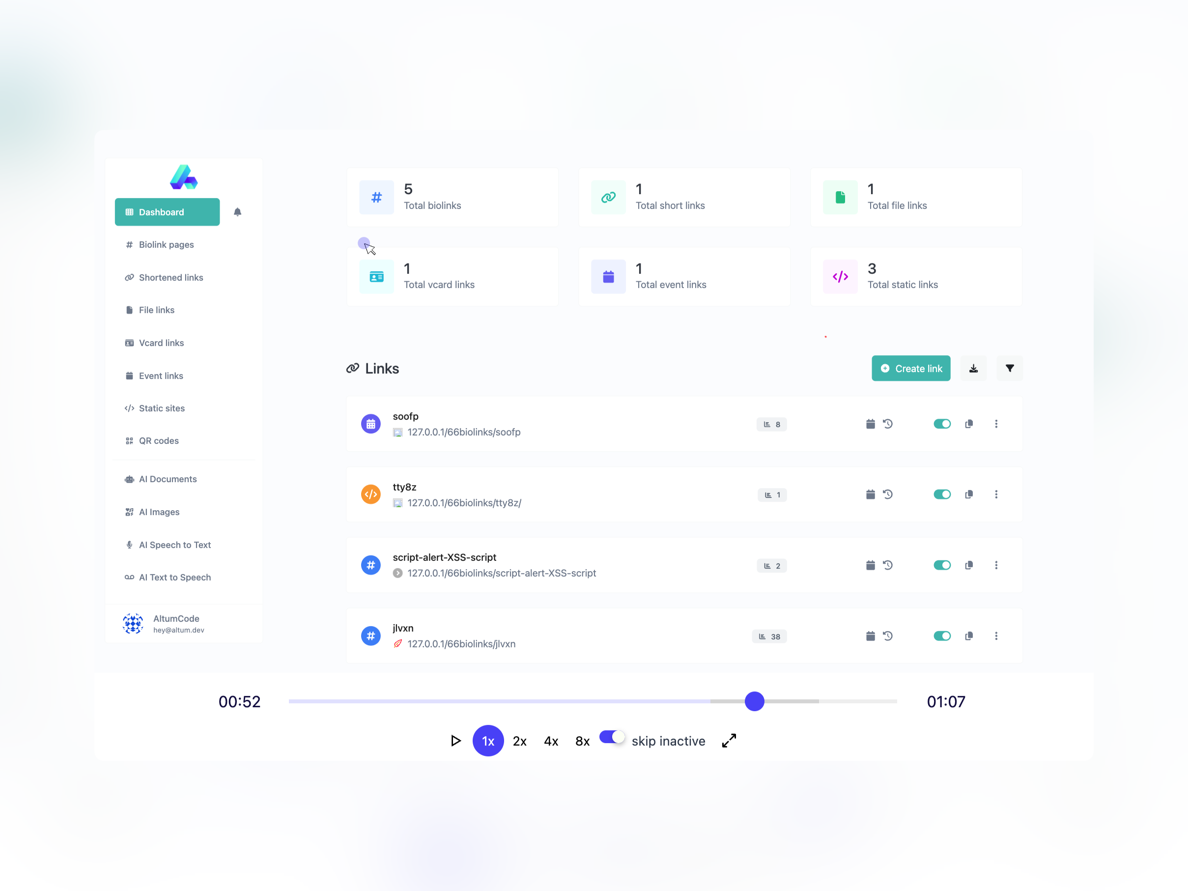 Captura de tela da página de reprodução da sessão do aplicativo